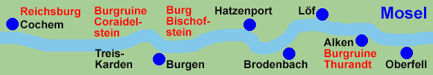 Moselschifffahrt zwischen Cochem, Burgruine Coraidelstein, Treis-Karden, Burgen, Burg Bischofstein, Hatzenport, Brodenbach, Lf, Alken, Burgruine Thurandt und Oberfell.