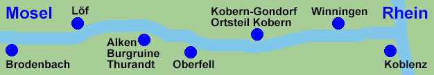 Moselschifffahrt zwischen Brodenbach, Lf, Alken, Burgruine Thurandt, Oberfell, Kobern-Gondorf Ortsteil Kobern, Winningen und Koblenz.